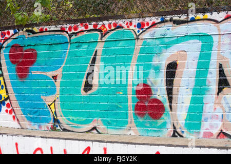 Fun - Graffiti sur mur le long de Regents Canal de halage, Londres en février Banque D'Images