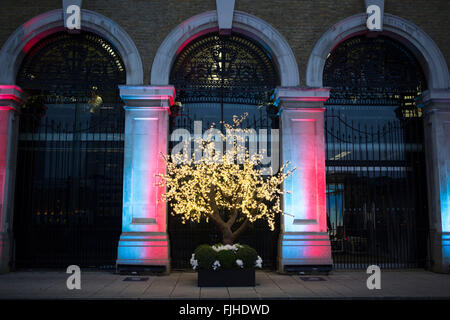 Arbre illuminé avec fairy lights à l'extérieur de l'ancien marché aux poissons de Billingsgate à Londres, au Royaume-Uni. Banque D'Images