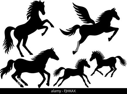 Des chevaux noirs, courir, sauter, voler des silhouettes, vector set Illustration de Vecteur