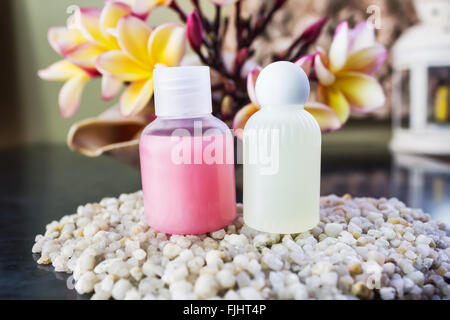 Mini jeu de douche baignoire savon, shampoing, conditionneur sur fond de fleurs et galets Banque D'Images