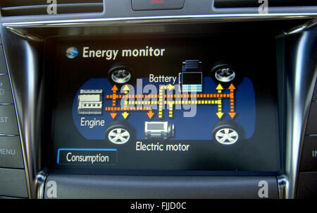 Tableau de bord de voiture hybride écran montrant un moniteur de l'énergie et l'utilisation de la batterie du moteur Banque D'Images