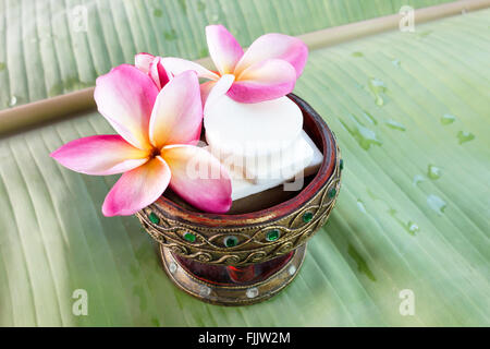 Mini jeu de douche savon avec des fleurs de frangipaniers sur des feuilles de banane verte Banque D'Images