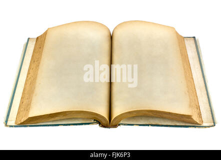 Vieux livre ouvert sur fond blanc avec chemin, vue en perspective Banque D'Images