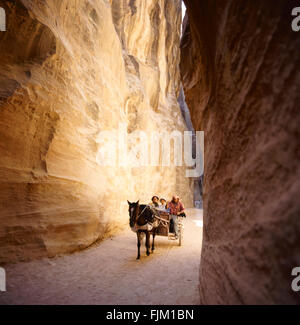 Le Siq, l'encoche étroite-canyon qui sert de couloir d'entrée à la ville cachée de Petra, Jordanie, vu ici avec les touristes Banque D'Images