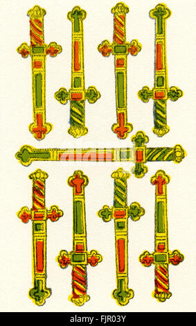 Neuf d'épées (spades / espadas) - fin du xviiie - début du xixe siècle espagnol carte à jouer Banque D'Images