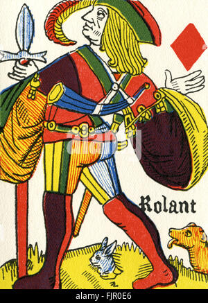 Knave de diamants / Valet de carreaux c. 1490 - 1500. Carte à jouer avec le français jack / knave que Huntsman avec un chien et un lapin. Banque D'Images