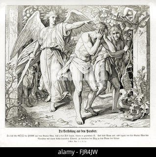 L'exil du Paradis, genèse chapitre III Verset 23-24 "l'Éternel Dieu le chassa du jardin d'Éden, pour labourer la terre d'où il avait été pris. C'est ainsi qu'il chassa Adam ; et il mit à l'orient du jardin d'Éden les chérubins qui agitent une épée flamboyante, pour garder le chemin de l'arbre de vie." illustration 1852-60 par Julius Schnorr von Carolsfeld Banque D'Images