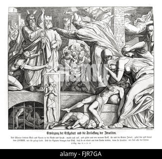 Pâque, exode chapitre XII, versets 31 - 33 'Et il appela Moïse et Aaron de nuit, et dit : Levez-vous, et vous sortez du milieu de mon peuple, vous et les enfants d'Israël, et allez, servez l'Éternel, comme vous l'avez dit. Prenez aussi vos brebis et vos boeufs, comme vous l'avez dit ; allez, et bénissez-moi aussi. Et les Égyptiens le peuple, qu'ils pourraient le renvoyer du pays en hâte ; car ils disaient : Nous périrons tous." illustration 1852-60 par Julius Schnorr von Carolsfeld Banque D'Images