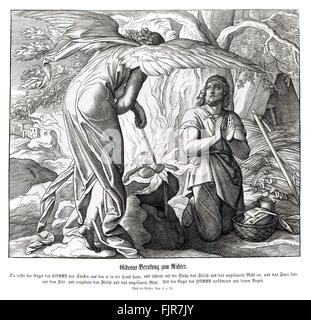 Gédéon est appelé en tant que juge, juges chapitre VI, verset 21 "et l'ange de l'Éternel avança le bout du bâton qu'il avait dans sa main, et toucha la chair et les pains sans levain ; et il se leva, incendie du rocher, et consuma la chair et les pains sans levain. Puis l'ange de l'Éternel disparut à ses yeux.' 1852-60 illustration par Julius Schnorr von Carolsfeld Banque D'Images
