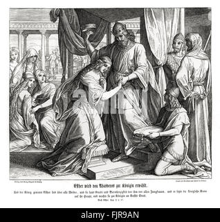 Esther est faite reine Esther chapitre II, verset 17 : "Et le roi aima Esther plus que toutes les femmes, et elle obtint grâce et faveur devant lui plus que toutes les vierges ; de sorte qu'il a mis la couronne royale sur sa tête, et la fit reine à la place de Vasthi." illustration 1852-60 par Julius Schnorr von Carolsfeld Banque D'Images