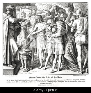 Le martyre des sept fils et leur mère, 2 Maccabées chapitre VII versets 22 - 23 "il leur dit : Je sais pas comment vous avez été formé dans mon ventre : car je vous ai donné ni souffle, ni âme, ni la vie, ni n'I frame les membres de chacun de vous. Mais le Créateur du monde, qui a formé la nativité de l'homme, et qui a découvert l'origine de tout, il se re- store pour vous encore à sa miséricorde, à la fois souffle et la vie, comme maintenant, vous méprise vos-mêmes pour l'amour de ses lois." illustration 1852-60 par Julius Schnorr von Carolsfeld Banque D'Images