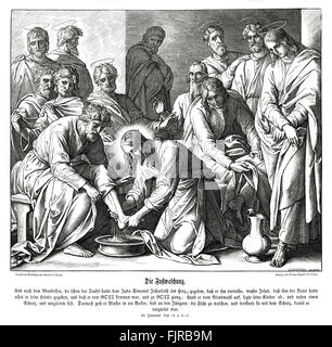 Jésus lave les pieds de ses disciples, l'Évangile de Jean, chapitre XIII, versets 2 - 5 'et le dîner étant terminé, le diable ayant maintenant mis dans le coeur de Judas Iscariot, fils de Simon, de le trahir ; Jésus savait que le Père avait remis toutes choses entre ses mains, et qu'il était venu de Dieu, et s'est rendu à Dieu ; il se leva de table, ôta ses vêtements, et prit un linge, dont il se ceignit. Ensuite il versa de l'eau dans un bassin, et il se mit à laver les pieds des disciples, et à les essuyer avec le linge dont il était ceint." illustration 1852-60 par Julius Schnorr von Carolsfeld Banque D'Images