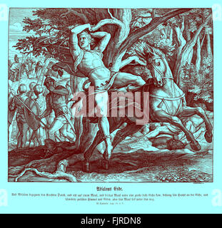 La mort d'Absalom, 2 Samuel Chapitre 19 Verset 9 'Et Absalom s'est réuni les serviteurs de David. Et Absalom était monté sur un mulet, et le mulet est allé sous d'épais rameaux d'un grand chêne, et sa tête saisit du chêne, et il a été repris entre le ciel et la terre, et le mulet qui était sous lui s'en alla." illustration 1852-60 par Julius Schnorr von Carolsfeld Banque D'Images