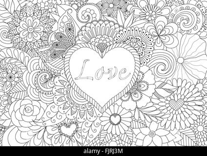 Line art design de forme de coeur avec amour typographie sur fond floral pour banner,carte,invitation et livre de coloriage adultes page. Vector illustrationa Illustration de Vecteur