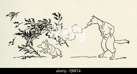 Les trois petits cochons, conte anglais. Le loup saute en bas de la deuxième chambre du porc fait de furze des brindilles. Illustration par Arthur Rackham (1867 - 1939) Banque D'Images