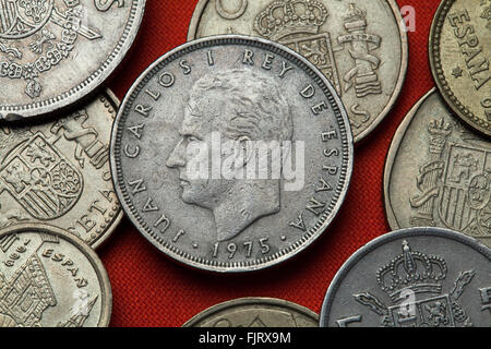 Coins de l'Espagne. Le Roi Juan Carlos I d'Espagne représenté dans la pièce espagnole 25 peseta espagnole (1975). Banque D'Images