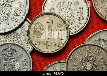 Coins de l'Espagne. Armoiries de l'Espagne au titre de la Transition espagnole dépeinte dans la pièce d'une peseta espagnole (1982). Banque D'Images
