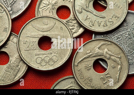 Coins de l'Espagne. Logo pour le Jeux Olympiques d'été de Barcelone 1992 représenté dans l'Espagnol 25 peseta médaille. Banque D'Images