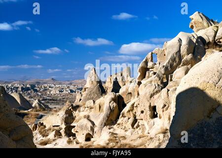 Tuf volcanique érodée troglodyte troglodyte des premiers chrétiens chambres de Goreme Open Air Museum National Park, Cappadoce, Turquie Banque D'Images