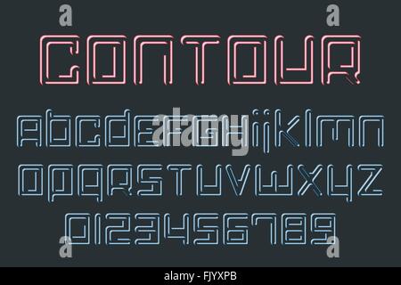 Jeu de lumière néon élégant, lettres de l'alphabet et des chiffres. vector collection type de police contemporaine. ordinaire, contours brillants Illustration de Vecteur