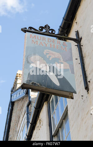 Signe pour le meurtre et le chaos librairie à Hay-on-Wye Banque D'Images