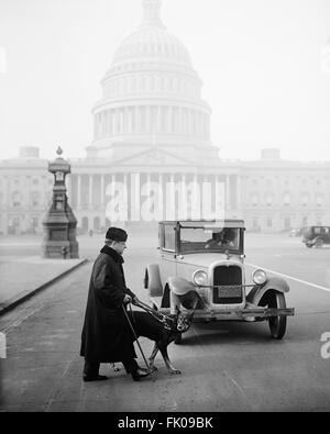 Chien guide d'aveugle avec croisement rue en face de l'automobile, de l'U.S. Capitol Building en arrière-plan, Washington DC, USA, vers Banque D'Images