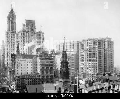Vue urbaine avec Singer, Ville d'investissement et des bâtiments du terminal d'Hudson, New York City, USA, vers 1908 Banque D'Images