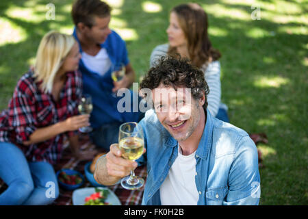 Les amis faire un pique-nique avec vin Banque D'Images