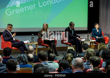 Hustings Londres plus vert le 04/03/2016 à la Royal Society of Medicine, un Wimpole Street, London. Sur la photo : Sadiq Khan, Zac Goldsmith, Sian Berry, Caroline Pidgeon. Photo par Julie Edwards/Alamy Live News Banque D'Images