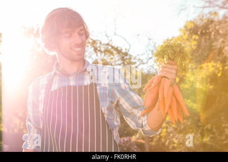 Gardener man holding a bunch of carrots Banque D'Images