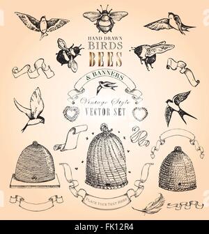 Vintage Oiseaux dessinés à la main, les abeilles et les éléments des bannières Vector Set Illustration de Vecteur