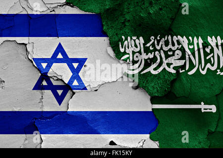 Drapeaux d'Israël et l'Arabie saoudite peint sur mur fissuré Banque D'Images