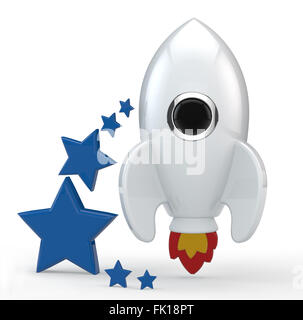 3D render of a rocket blanc symbolique avec six étoiles bleu sur sa gauche. La fusée est peint en blanc et rouge et jaune a flam Banque D'Images