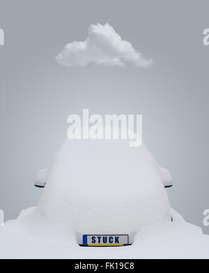 Voiture couverte de neige avec le mot collé writen sur la plaque d'immatriculation et d'un petit nuage au-dessus Banque D'Images