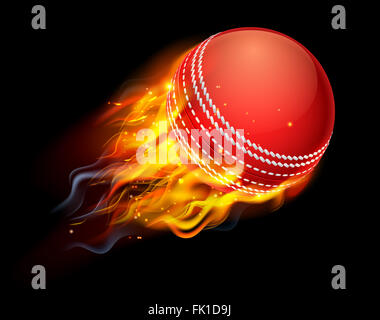 Une balle de cricket flaming en feu volant par l'air Banque D'Images