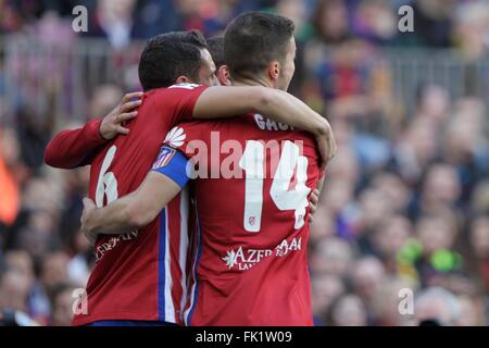 Koké objectif de célébration quand liga match FC Barcelone - Atlético Madrid Janvier 30, 2016 au Camp Nou, Barcelona, Espagne Banque D'Images