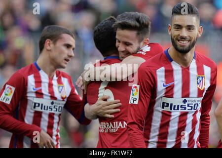 Koké objectif de célébration quand liga match FC Barcelone - Atlético Madrid Janvier 30, 2016 au Camp Nou, Barcelona, Espagne Banque D'Images