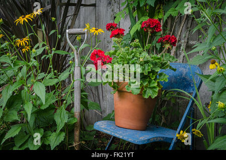 Jardin Nature morte avec une poignée d'outil de jardin par un président bleu avec un pot de géraniums rouge vif s'y repose. Un colorf Banque D'Images