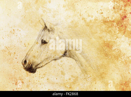 Crayon dessiner sur papier, vieux cheval vintage paper et vieille structure avec taches de couleur Banque D'Images