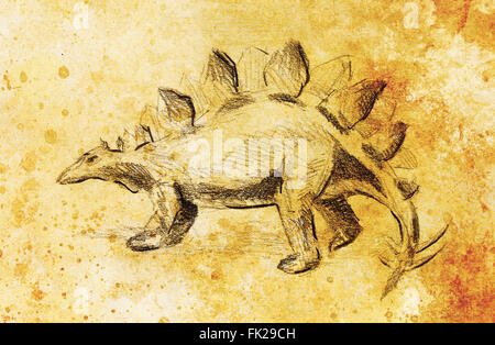 Le Stegosaurus dessin au crayon sur papier vieux papier vintage, et vieille structure avec taches de couleur. Attirer la main d'origine Banque D'Images