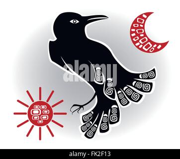 Ethnique décoratif photo dans le style de l'histoire d'Affaires indiennes et du Nord de la populations russe noir corbeau, le soleil et la lune. EPS10 vector illustration. Illustration de Vecteur