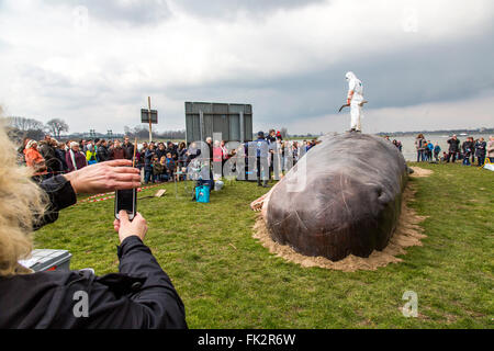 Des baleines échouées, un art performance pendant un art, Duisburger Akzente festival à Duisburg, Allemagne, au Rhin, Banque D'Images