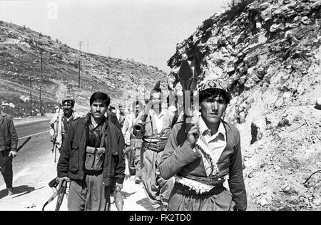Près de Zakho, dans le nord de l'Irak, le Kurdistan. Mars 1991. Combattants du Front du Kurdistan à déplacer des postes de première ligne pour faire face à attaquer les forces iraquiennes pendant le soulèvement des Kurdes contre les forces de Saddam Hussein. Photo par:Richard Wayman Banque D'Images