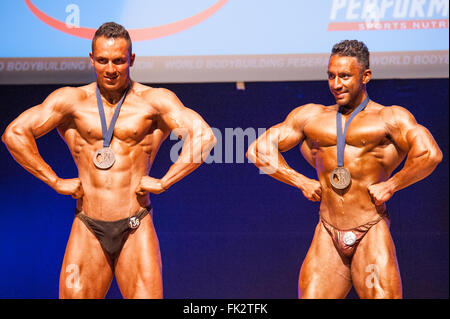 MAASTRICHT, Pays-Bas - le 25 octobre 2015 : Hommes bodybuilders célèbrent leur victoire de championnat sur scène Banque D'Images