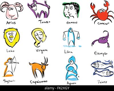 Hand drawn vector horoscope signes avec des titres en portugais Illustration de Vecteur