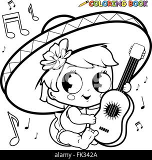 Fête de bébé mexicaine Cinco de Mayo. Mariachi Baby Girl jouant de la guitare. Page de coloriage noir et blanc vectoriel. Illustration de Vecteur