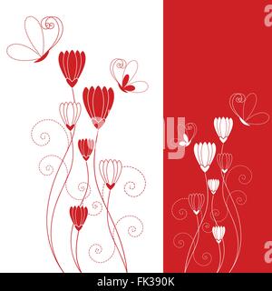 Résumé rouge fleur avec papillon carte de souhaits Illustration de Vecteur