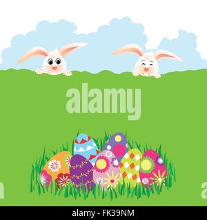 Vacances de Pâques Printemps fond d'oeufs colorés avec des Lapins Illustration de Vecteur