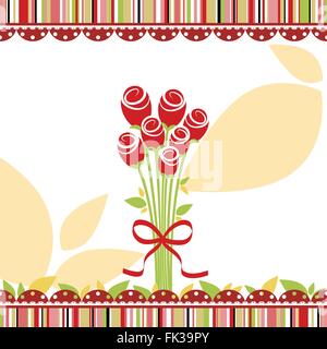 Le printemps amour carte postale avec des fleurs rose rouge sur fond à rayures colorées Illustration de Vecteur