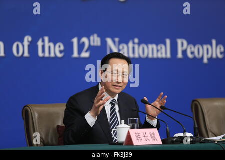 Beijing, Chine. 7 mars, 2016. Le Ministre chinois de l'Agriculture Han Changfu donne une conférence de presse en marge de la quatrième session de la 12e Congrès National du Peuple à Beijing, capitale de Chine, le 7 mars 2016. Crédit : Chen Junqing/Xinhua/Alamy Live News Banque D'Images